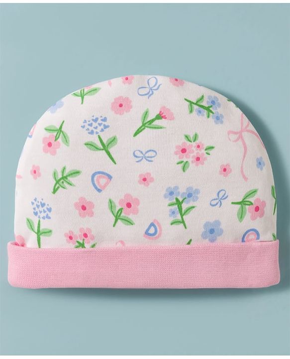 Babyhug 100% Cotton Knit Cap, Mittens & Booties Set with Floral Print White & Pink - Diameter 14 cm