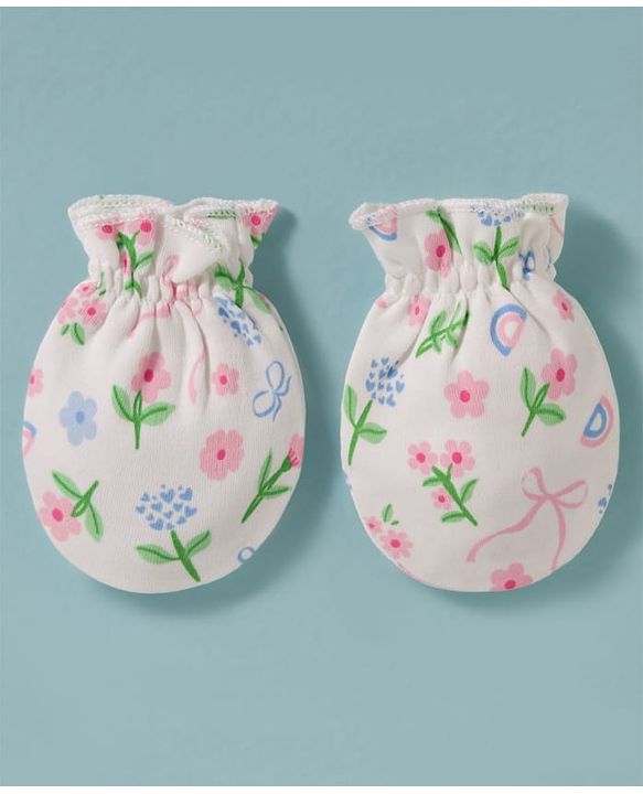 Babyhug 100% Cotton Knit Cap, Mittens & Booties Set with Floral Print White & Pink - Diameter 14 cm
