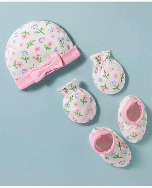 Babyhug 100% Cotton Knit Cap, Mittens & Booties Set with Floral Print White & Pink - Diameter 14 cm