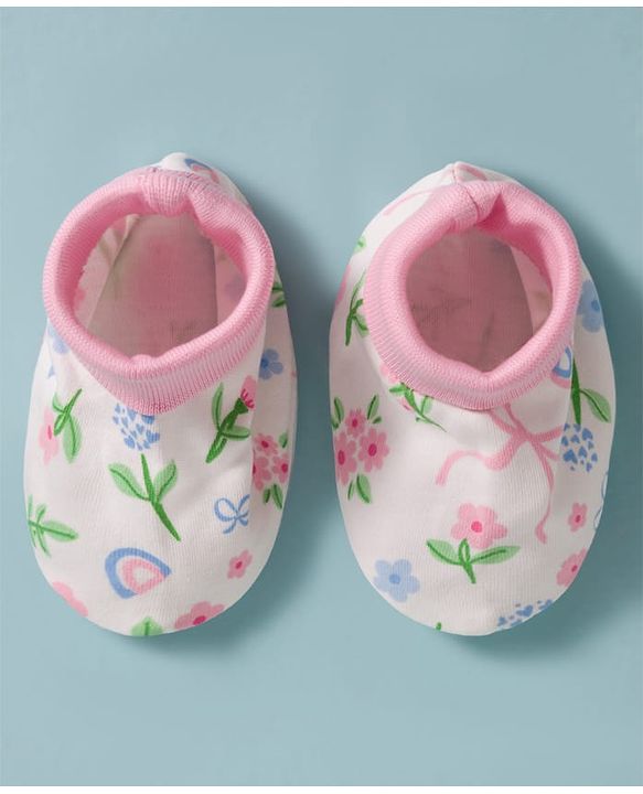 Babyhug 100% Cotton Knit Cap, Mittens & Booties Set with Floral Print White & Pink - Diameter 14 cm