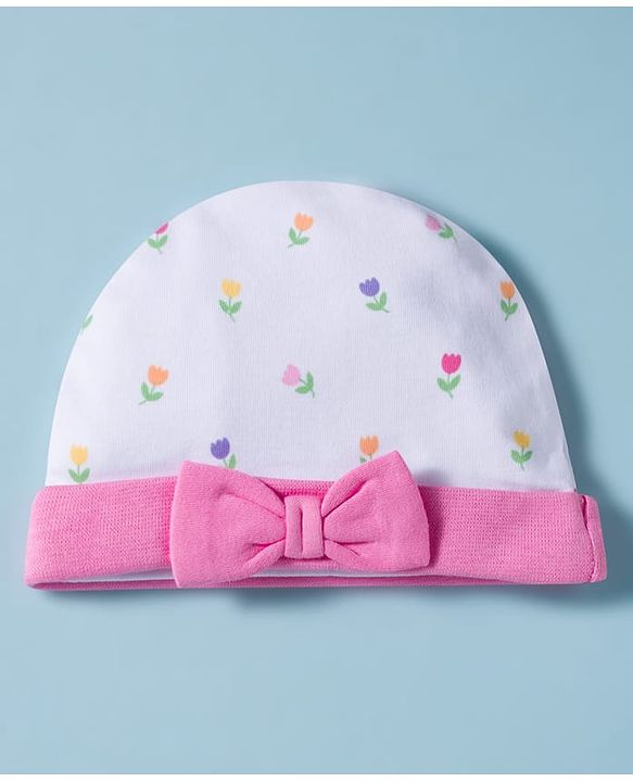 Babyhug 100% Cotton Knit Cap, Mittens & Booties Set with Bow Applique Floral Print  White & Pink - Diameter 10 cm