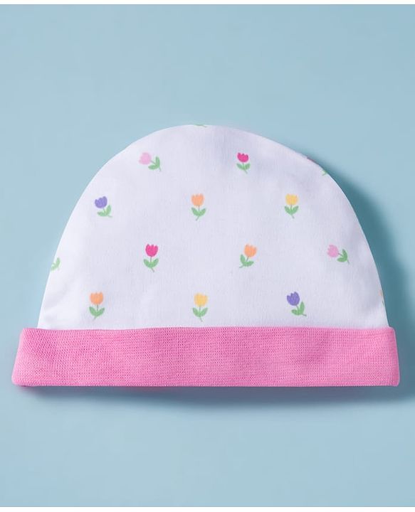 Babyhug 100% Cotton Knit Cap, Mittens & Booties Set with Bow Applique Floral Print  White & Pink - Diameter 10 cm