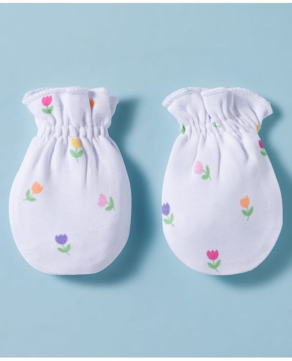 Babyhug 100% Cotton Knit Cap, Mittens & Booties Set with Bow Applique Floral Print  White & Pink - Diameter 10 cm