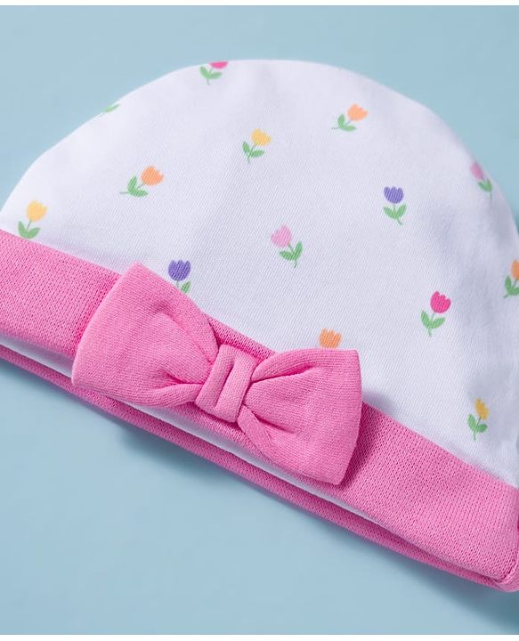 Babyhug 100% Cotton Knit Cap, Mittens & Booties Set with Bow Applique Floral Print  White & Pink - Diameter 10 cm