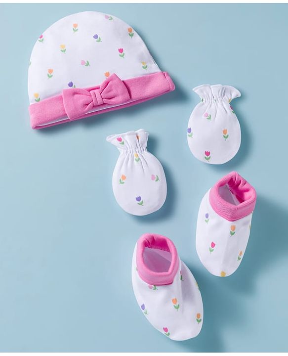 Babyhug 100% Cotton Knit Cap, Mittens & Booties Set with Bow Applique Floral Print  White & Pink - Diameter 10 cm