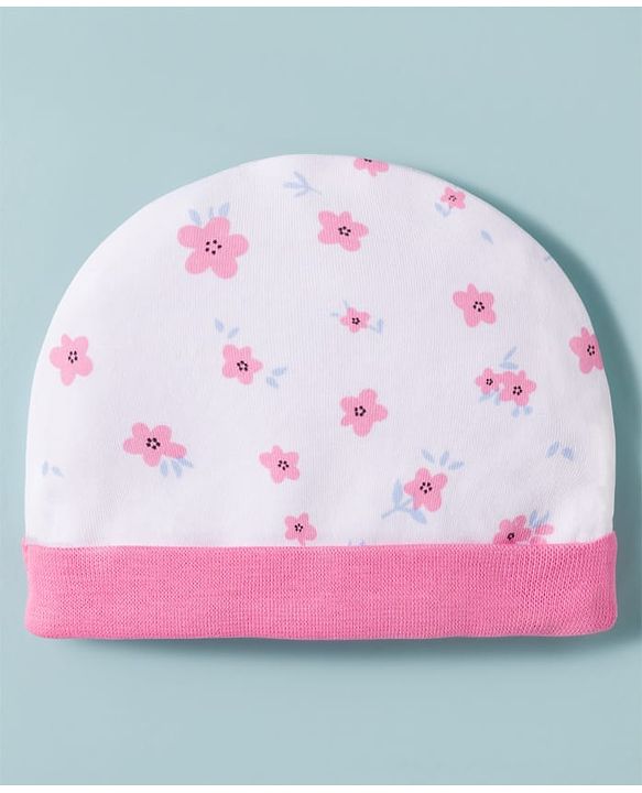 Babyhug 100% Cotton Knit Cap, Mittens & Booties Set with Floral Print White & Pink - Diameter 15 cm