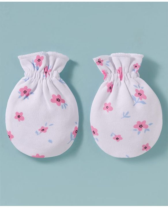 Babyhug 100% Cotton Knit Cap, Mittens & Booties Set with Floral Print White & Pink - Diameter 15 cm