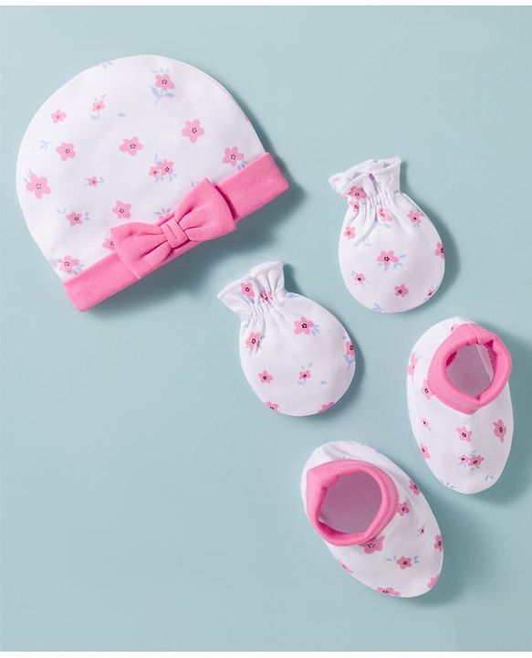 Babyhug 100% Cotton Knit Cap, Mittens & Booties Set with Floral Print White & Pink - Diameter 15 cm