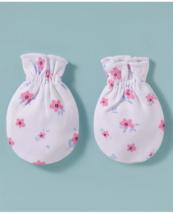 Babyhug 100% Cotton Knit Cap, Mittens & Booties Set with Floral Print White & Pink - Diameter 15 cm