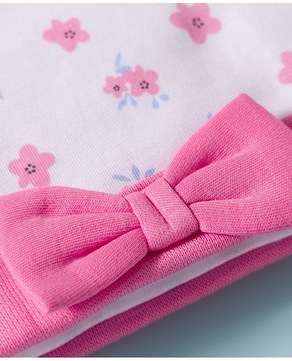 Babyhug 100% Cotton Knit Cap, Mittens & Booties Set with Floral Print White & Pink - Diameter 15 cm