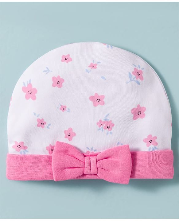 Babyhug 100% Cotton Knit Cap, Mittens & Booties Set with Floral Print White & Pink - Diameter 15 cm