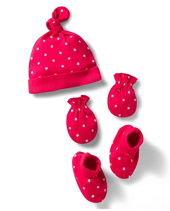 Babyhug 100% Cotton Knit Cap, Mittens & Booties Set with Star Print Red - Diameter 10.5 cm