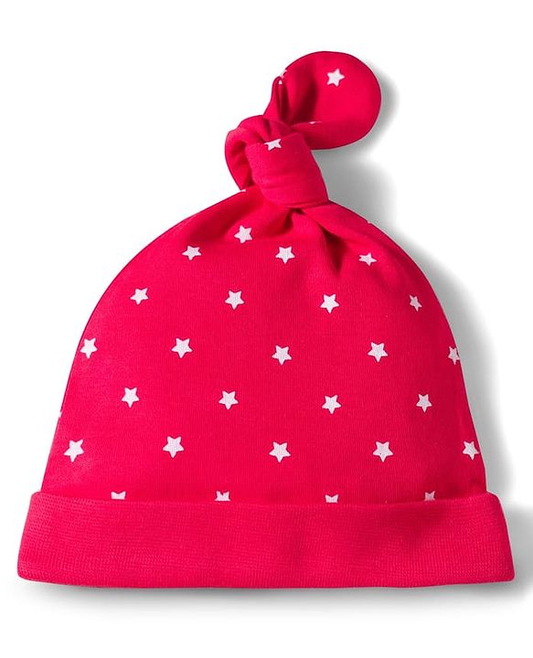 Babyhug 100% Cotton Knit Cap, Mittens & Booties Set with Star Print Red - Diameter 10.5 cm
