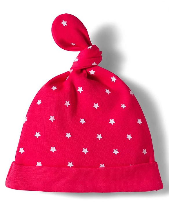 Babyhug 100% Cotton Knit Cap, Mittens & Booties Set with Star Print Red - Diameter 10.5 cm