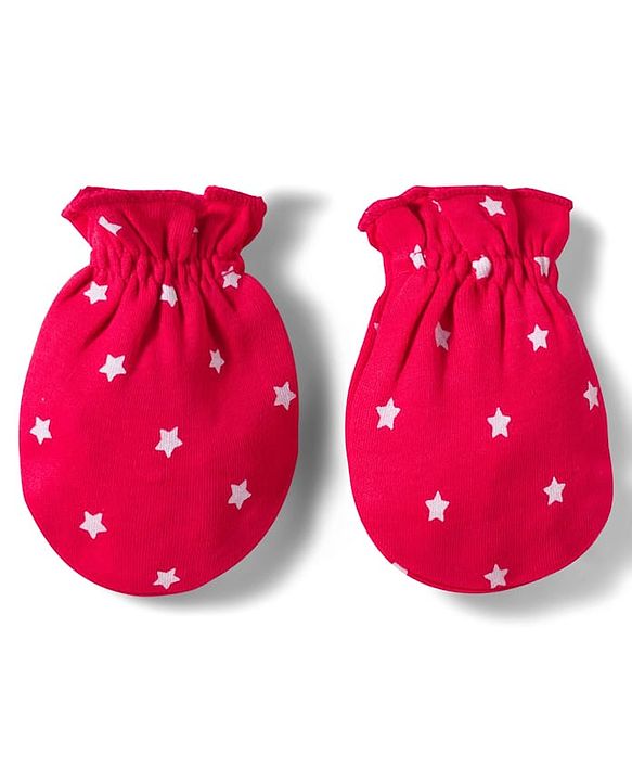 Babyhug 100% Cotton Knit Cap, Mittens & Booties Set with Star Print Red - Diameter 10.5 cm