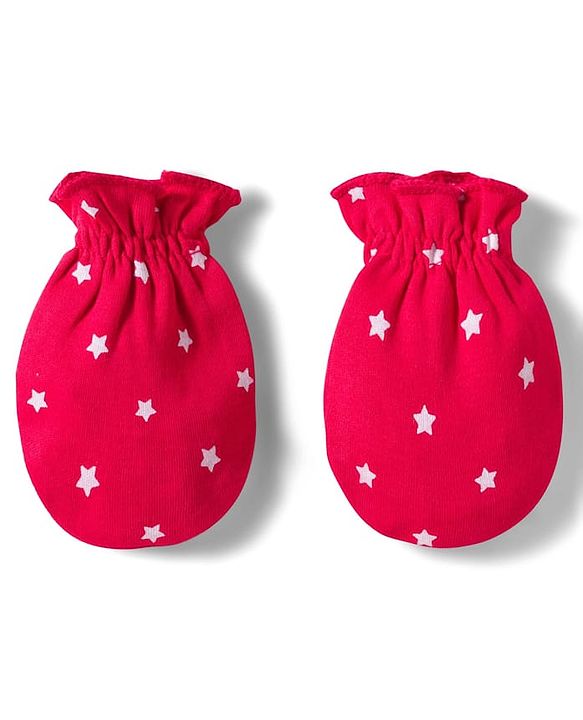 Babyhug 100% Cotton Knit Cap, Mittens & Booties Set with Star Print Red - Diameter 10.5 cm