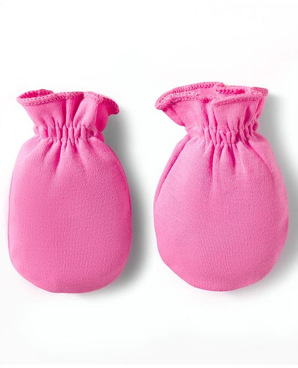 Babyhug 100% Cotton Interlock Knit Cap, Mittens & Booties Set With Cutie Print Pink - Diameter 10 cm