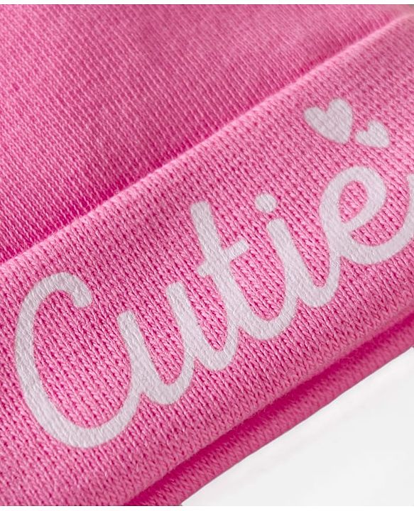 Babyhug 100% Cotton Interlock Knit Cap, Mittens & Booties Set With Cutie Print Pink - Diameter 10 cm
