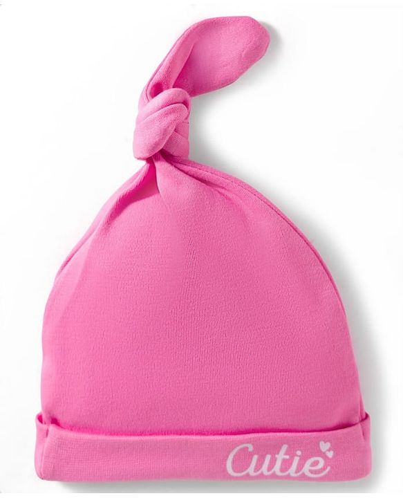 Babyhug 100% Cotton Interlock Knit Cap, Mittens & Booties Set With Cutie Print Pink - Diameter 10 cm