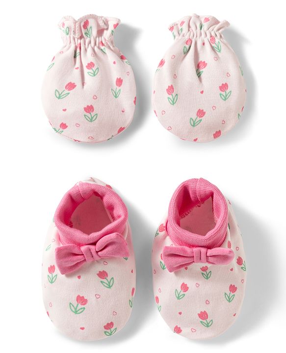 Babyhug 100% Cotton Knit Mittens & Booties Set with Floral Print & Bow Applique - Multicolor