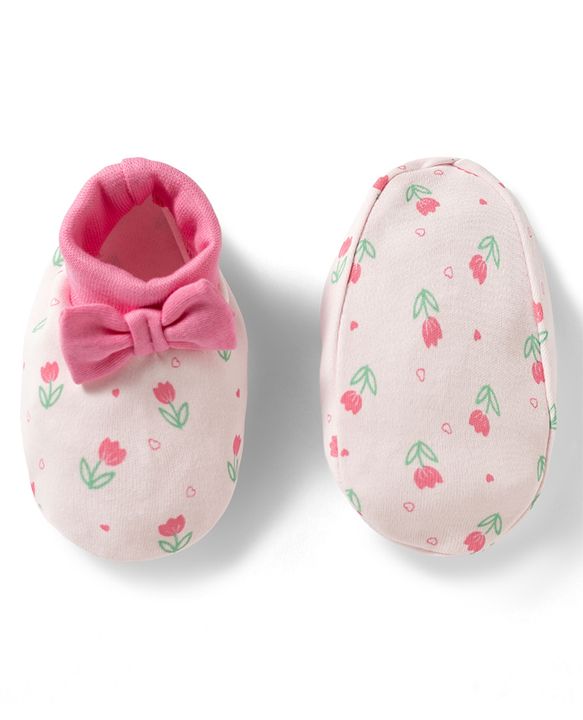 Babyhug 100% Cotton Knit Mittens & Booties Set with Floral Print & Bow Applique - Multicolor