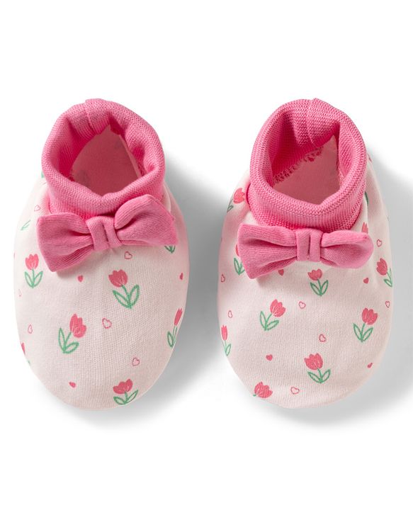 Babyhug 100% Cotton Knit Mittens & Booties Set with Floral Print & Bow Applique - Multicolor