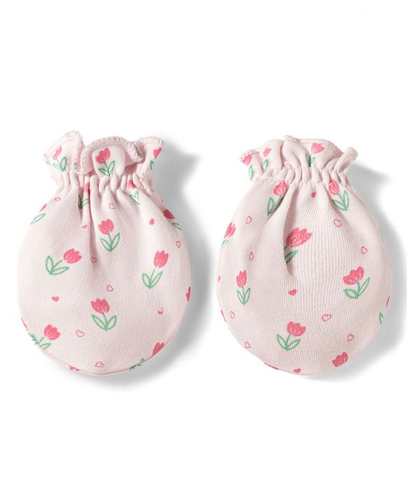 Babyhug 100% Cotton Knit Mittens & Booties Set with Floral Print & Bow Applique - Multicolor
