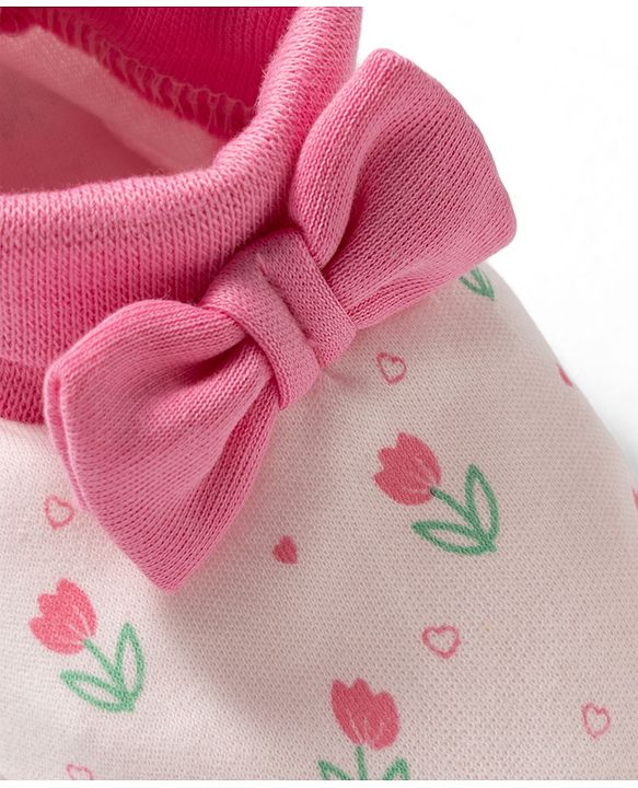 Babyhug 100% Cotton Knit Mittens & Booties Set with Floral Print & Bow Applique - Multicolor