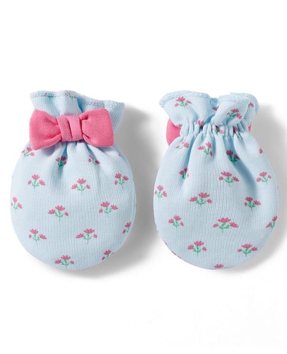 Babyhug 100% Cotton Knit Mittens & Booties Set with Floral Print & Bow Applique - Multicolor