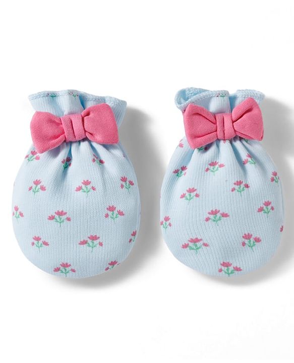 Babyhug 100% Cotton Knit Mittens & Booties Set with Floral Print & Bow Applique - Multicolor