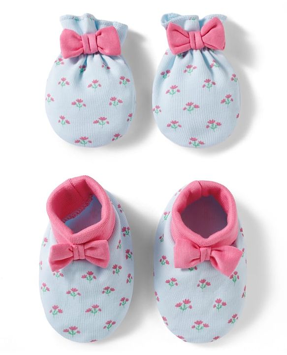Babyhug 100% Cotton Knit Mittens & Booties Set with Floral Print & Bow Applique - Multicolor