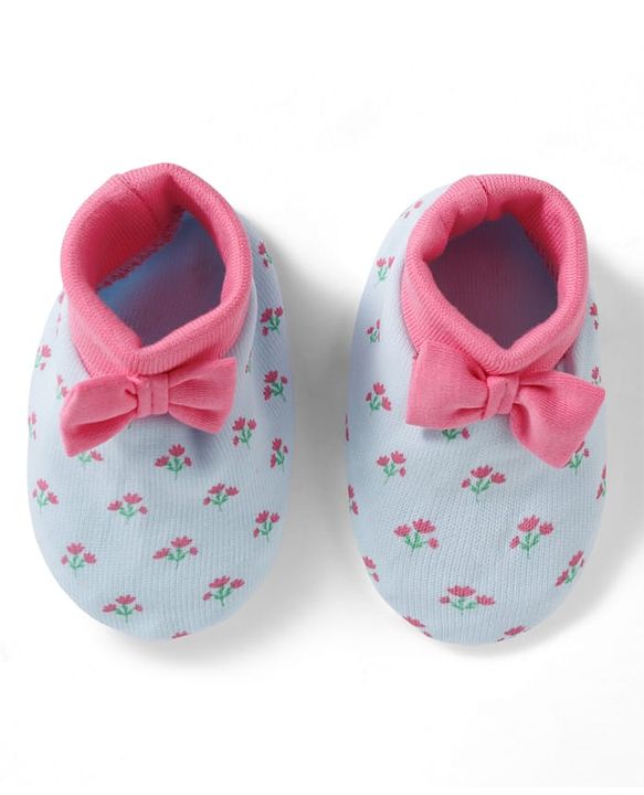 Babyhug 100% Cotton Knit Mittens & Booties Set with Floral Print & Bow Applique - Multicolor