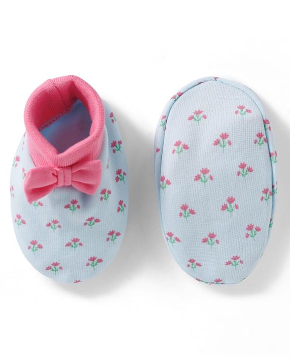 Babyhug 100% Cotton Knit Mittens & Booties Set with Floral Print & Bow Applique - Multicolor