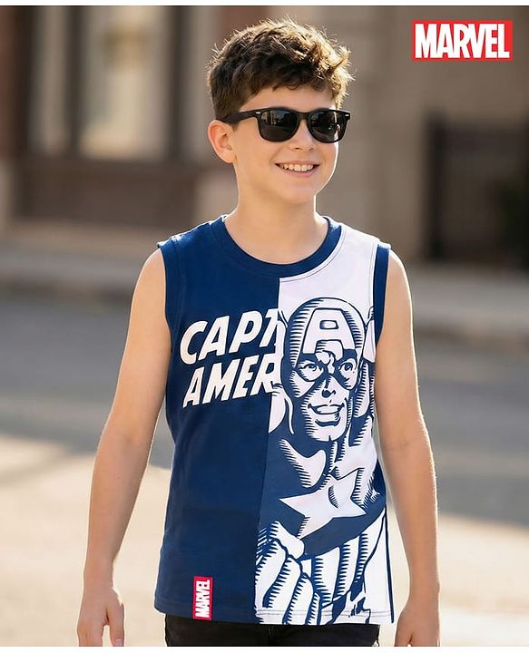 Pine Kids Marvel 100% Cotton Knit Sleeveless Cut N Sew Tank T-Shirt With Captain America Graphic - Navy Blue