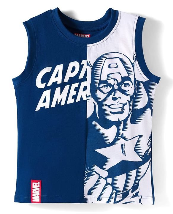 Pine Kids Marvel 100% Cotton Knit Sleeveless Cut N Sew Tank T-Shirt With Captain America Graphic - Navy Blue