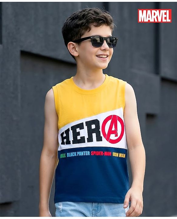 Pine Kids Marvel 100% Cotton Knit Sleeveless Cut N Sew Tank T-Shirt With Avengers Graphics - Multicolour