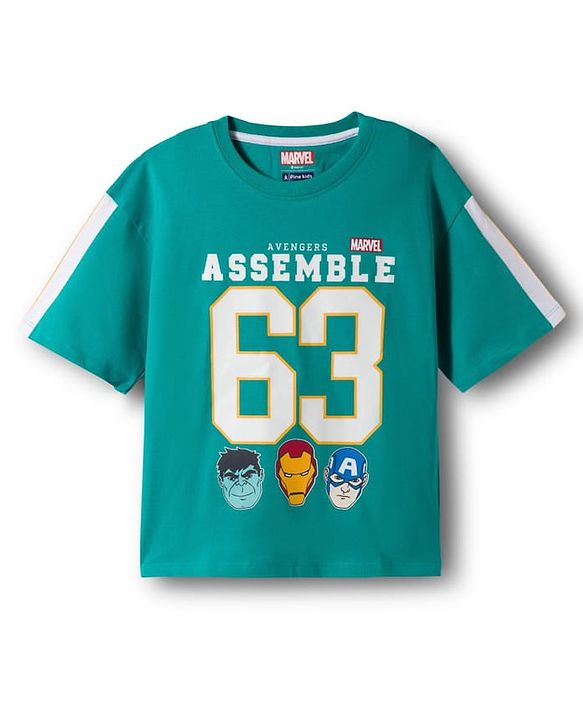 Pine Kids Marvel Single Jersey Knit Drop Shoulder Half Sleeves  Oversized T-Shirt with Front & Back Avengers Graphic - Mint
