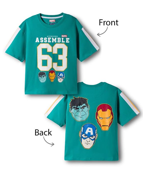 Pine Kids Marvel Single Jersey Knit Drop Shoulder Half Sleeves  Oversized T-Shirt with Front & Back Avengers Graphic - Mint