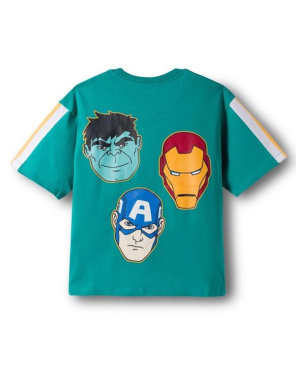 Pine Kids Marvel Single Jersey Knit Drop Shoulder Half Sleeves  Oversized T-Shirt with Front & Back Avengers Graphic - Mint
