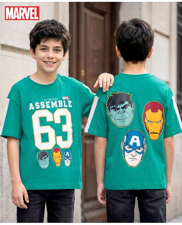 Pine Kids Marvel Single Jersey Knit Drop Shoulder Half Sleeves  Oversized T-Shirt with Front & Back Avengers Graphic - Mint