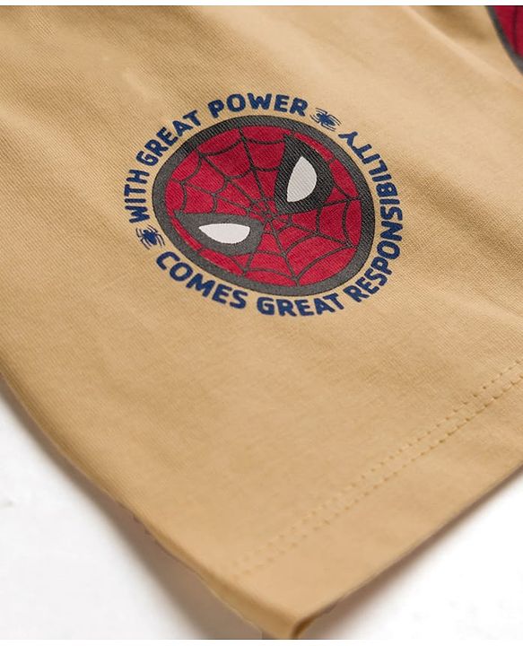 Pine Kids Marvel Single Jersey Knit Drop Shoulder Half Sleeves T-Shirts with Front & Back Spider-Man Graphics - Beige