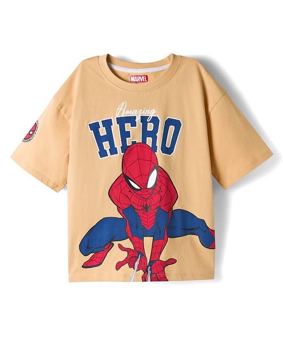 Pine Kids Marvel Single Jersey Knit Drop Shoulder Half Sleeves T-Shirts with Front & Back Spider-Man Graphics - Beige