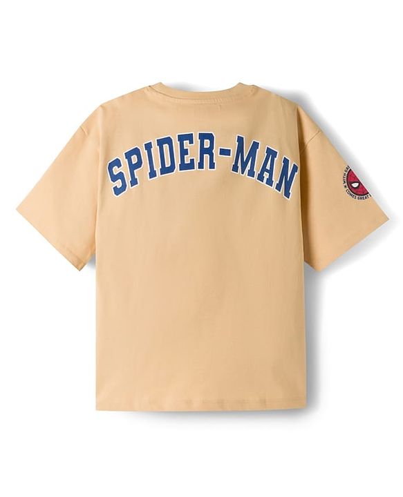 Pine Kids Marvel Single Jersey Knit Drop Shoulder Half Sleeves T-Shirts with Front & Back Spider-Man Graphics - Beige