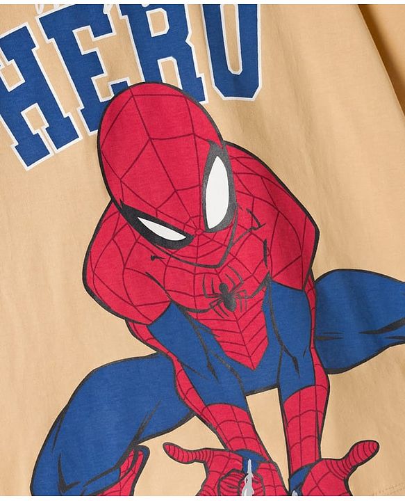 Pine Kids Marvel Single Jersey Knit Drop Shoulder Half Sleeves T-Shirts with Front & Back Spider-Man Graphics - Beige
