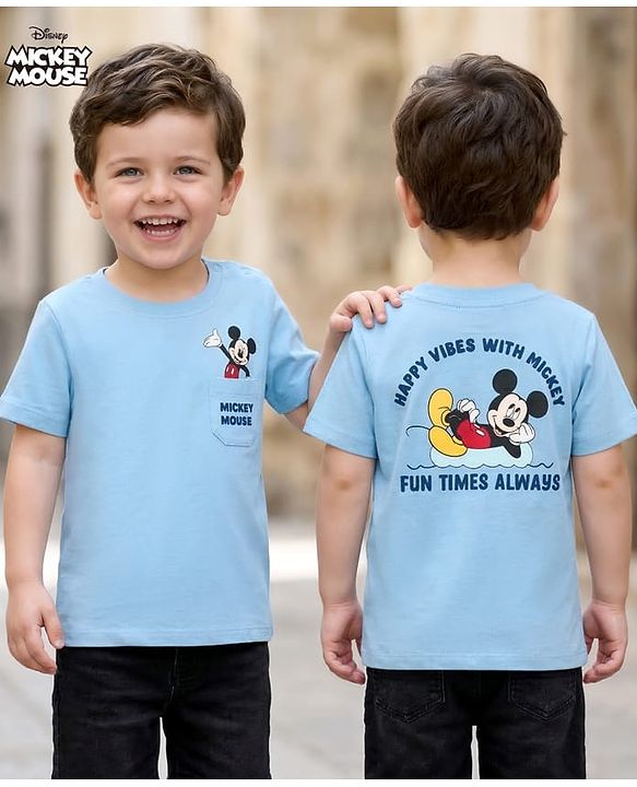 Babyhug Disney 100% Cotton Knit Half Sleeves T-Shirt With Front & Back Mickey Mouse Graphic - Light Blue
