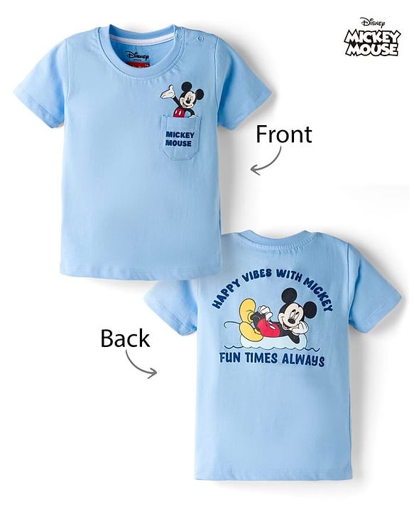 Babyhug Disney 100% Cotton Knit Half Sleeves T-Shirt With Front & Back Mickey Mouse Graphic - Light Blue