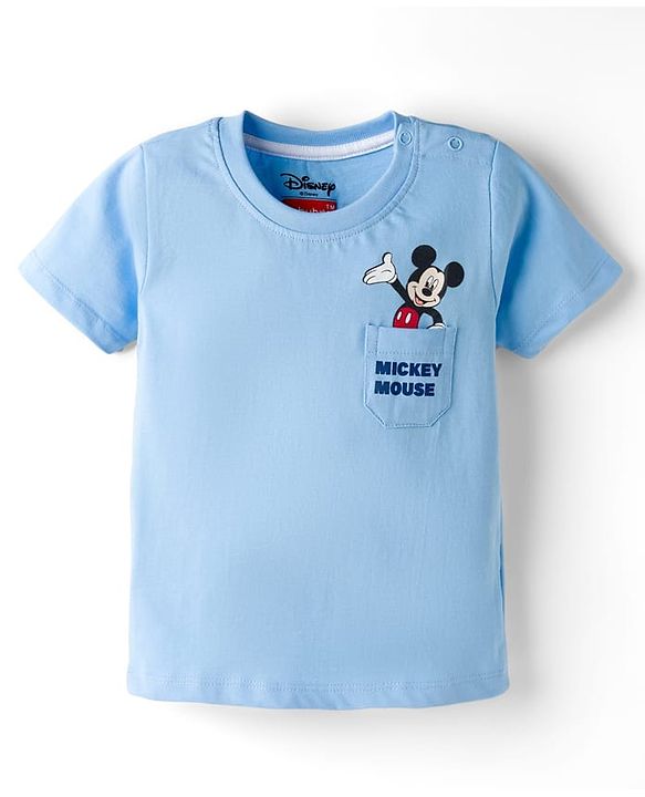 Babyhug Disney 100% Cotton Knit Half Sleeves T-Shirt With Front & Back Mickey Mouse Graphic - Light Blue