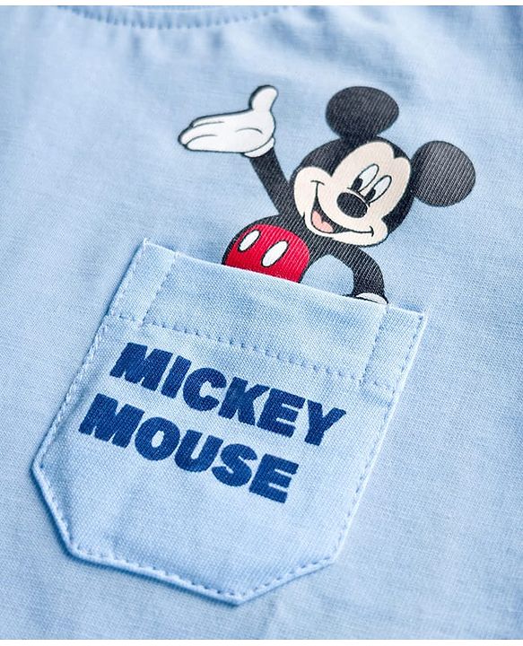 Babyhug Disney 100% Cotton Knit Half Sleeves T-Shirt With Front & Back Mickey Mouse Graphic - Light Blue
