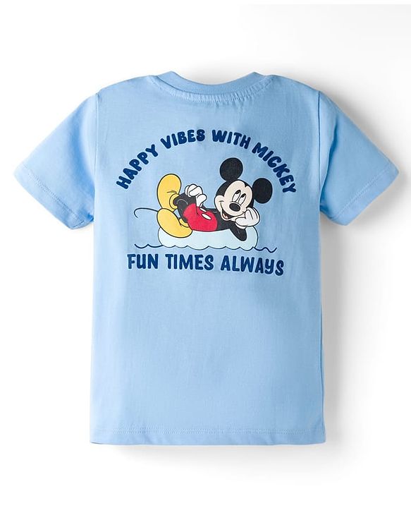 Babyhug Disney 100% Cotton Knit Half Sleeves T-Shirt With Front & Back Mickey Mouse Graphic - Light Blue