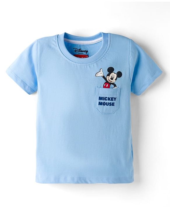Babyhug Disney 100% Cotton Knit Half Sleeves T-Shirt With Front & Back Mickey Mouse Graphic - Light Blue